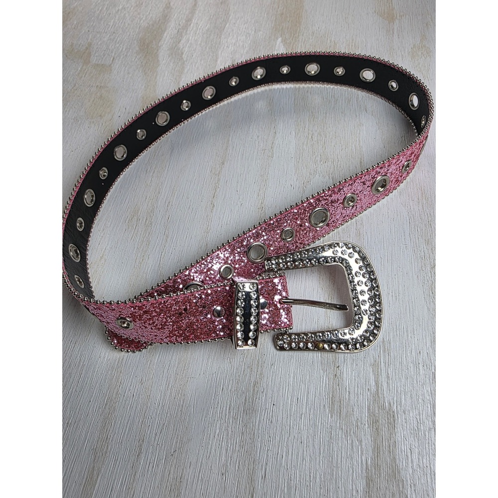 Pink Glitter Rhinestone Western Belt Y2K Boho Grommet Ball Chain Trim 39.5 Inch